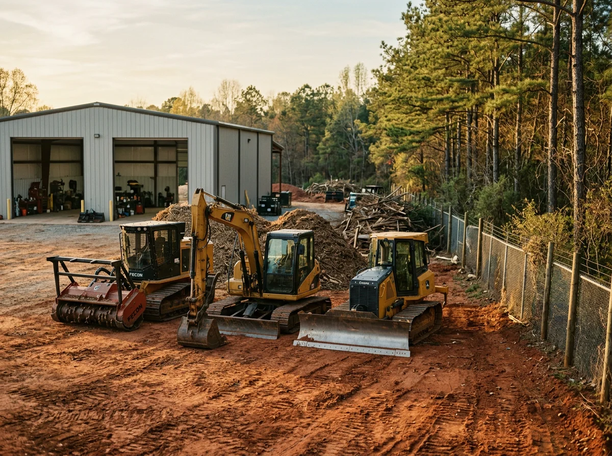 Heavy equipment and tools ready for land clearing and site preparation work.
