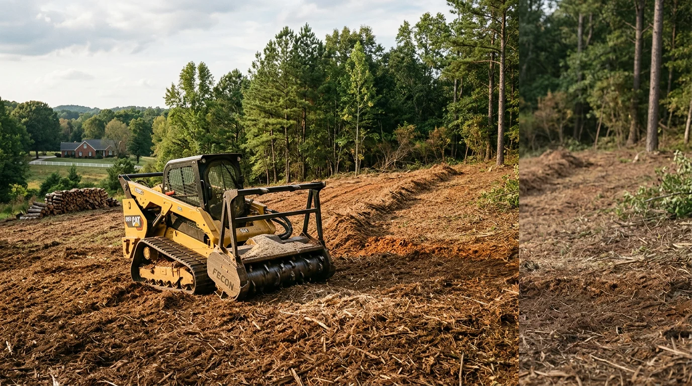 Forestry mulcher clearing dense brush and small trees on a wooded lot in Athens, Georgia