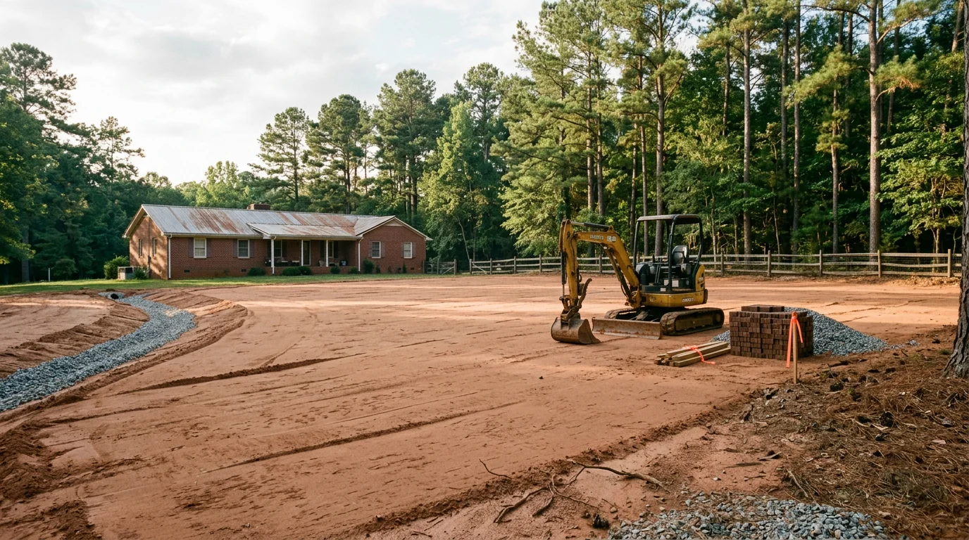 Heavy equipment grading a leveled dirt lot near Athens, Georgia