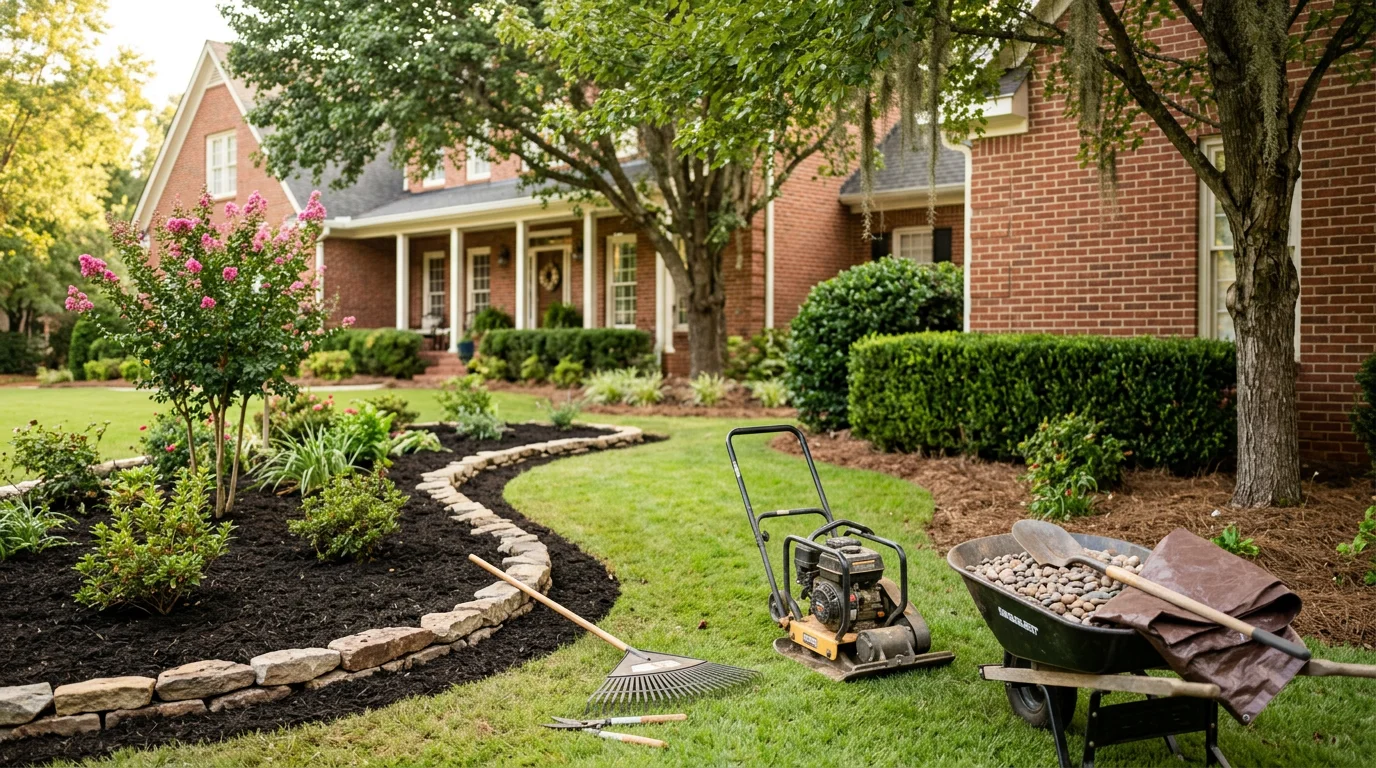 Landscaped front yard with mulched beds, stone pathway, and mature shrubs in Athens, GA