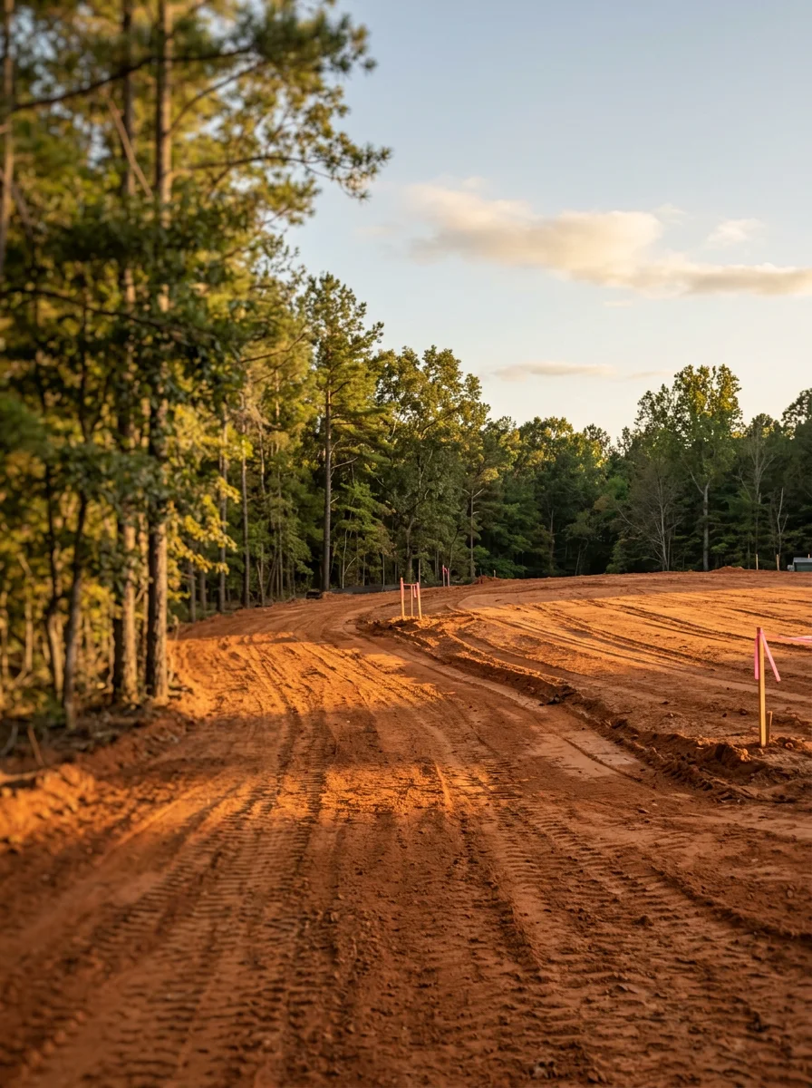 A freshly graded residential homesite in Athens, GA showing red clay soil leveled and ready for construction on a gently rolling Piedmont lot.