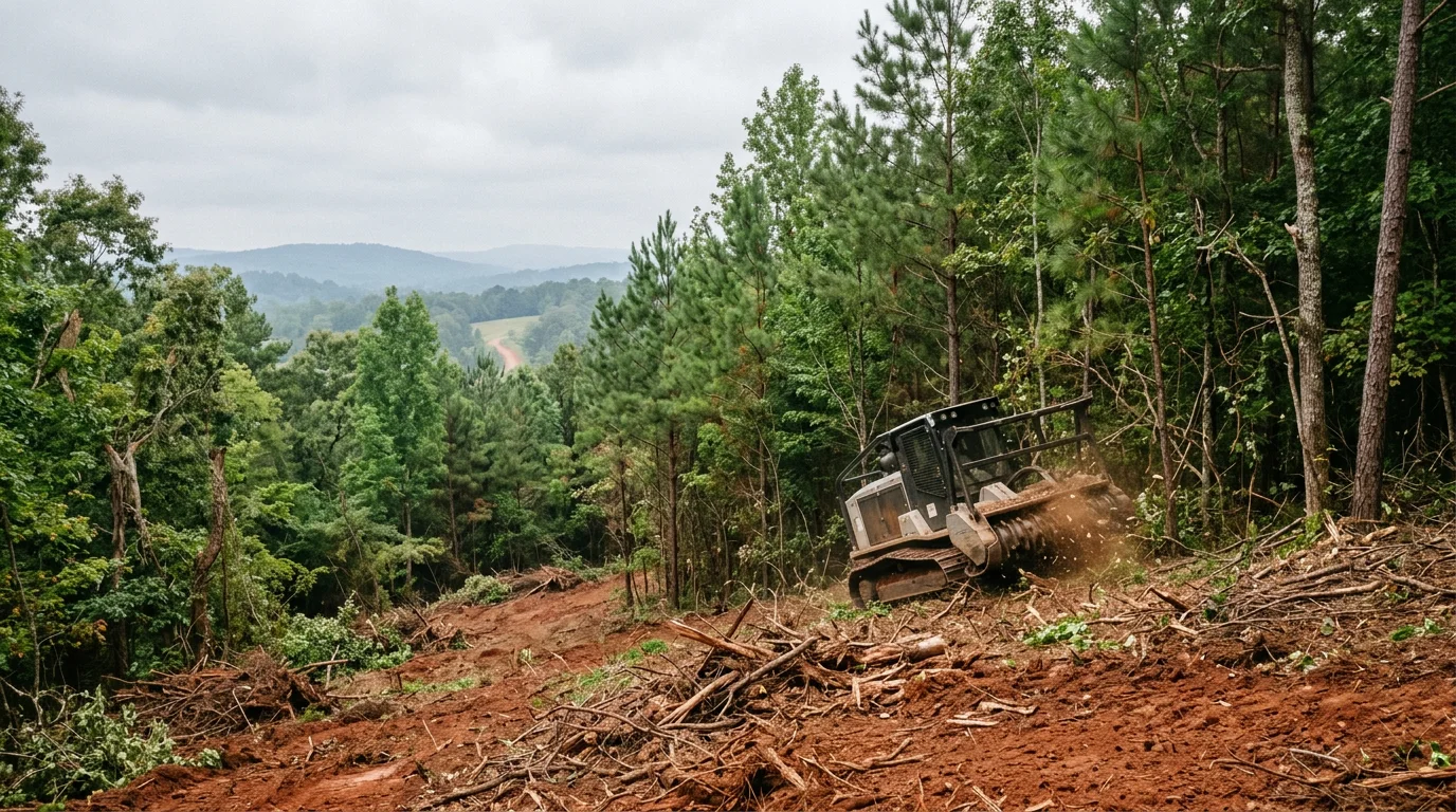 A forestry mulcher clearing a wooded, sloped lot on the rural edge of Athens-Clarke County, Georgia, with red clay soil visible along the cut line.