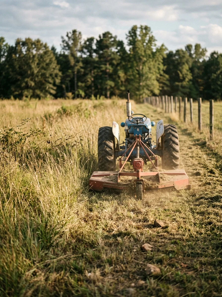 A bush hogging machine cutting overgrown pasture on a rural Jackson County property near Commerce, GA, with a fence line and open field visible in the background.