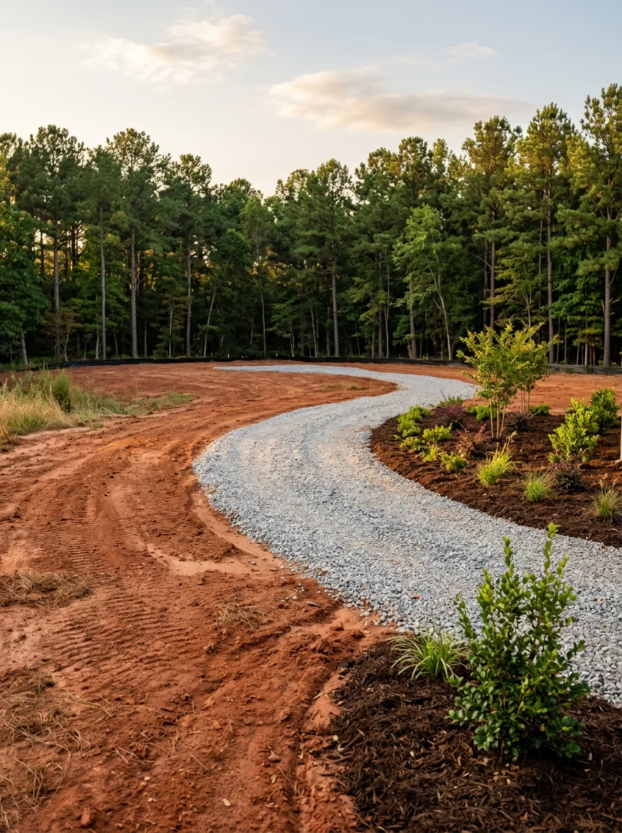 A freshly graded new construction lot in Hoschton, GA with a gravel driveway installed and landscape plantings being established on bare red clay soil.