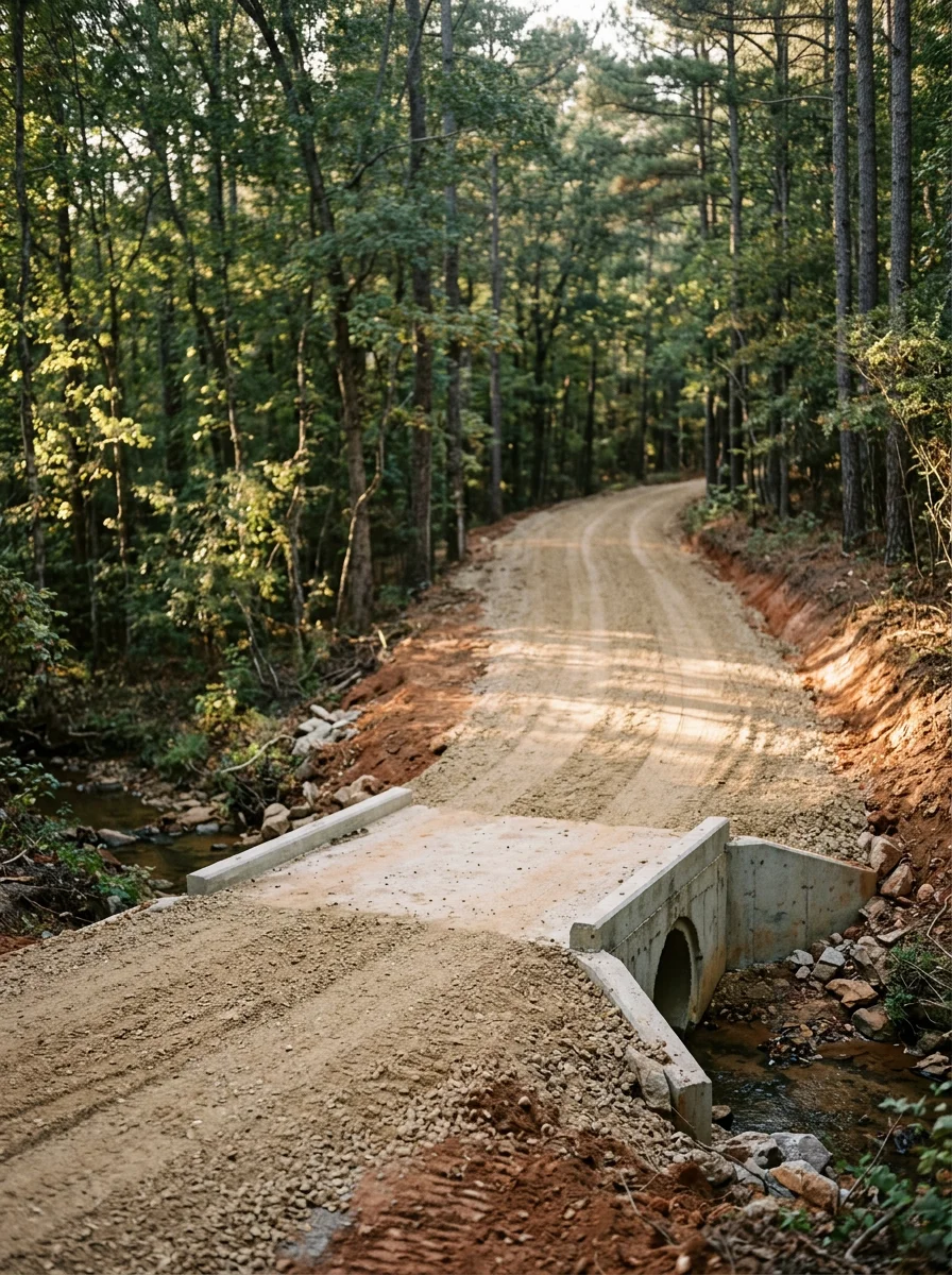 A gravel driveway being cut through wooded land on a rural Jefferson, GA property, with a culvert set at a low creek crossing and fresh gravel laid on the road bed.