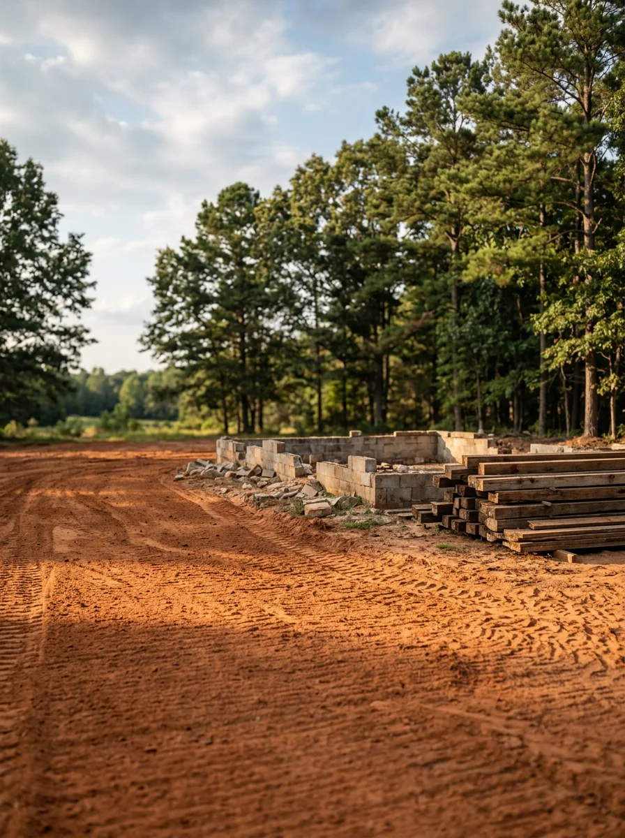 Demolition of an old farm outbuilding on a Monroe, GA property, with cleared land and a graded dirt surface visible in the foreground.