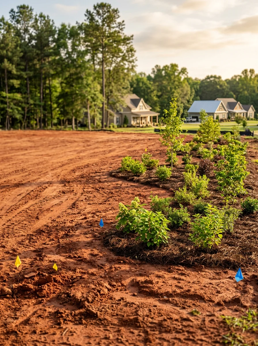 A freshly cleared and graded residential lot in Social Circle, GA with new landscape plantings being installed on bare red clay soil after site work is complete.