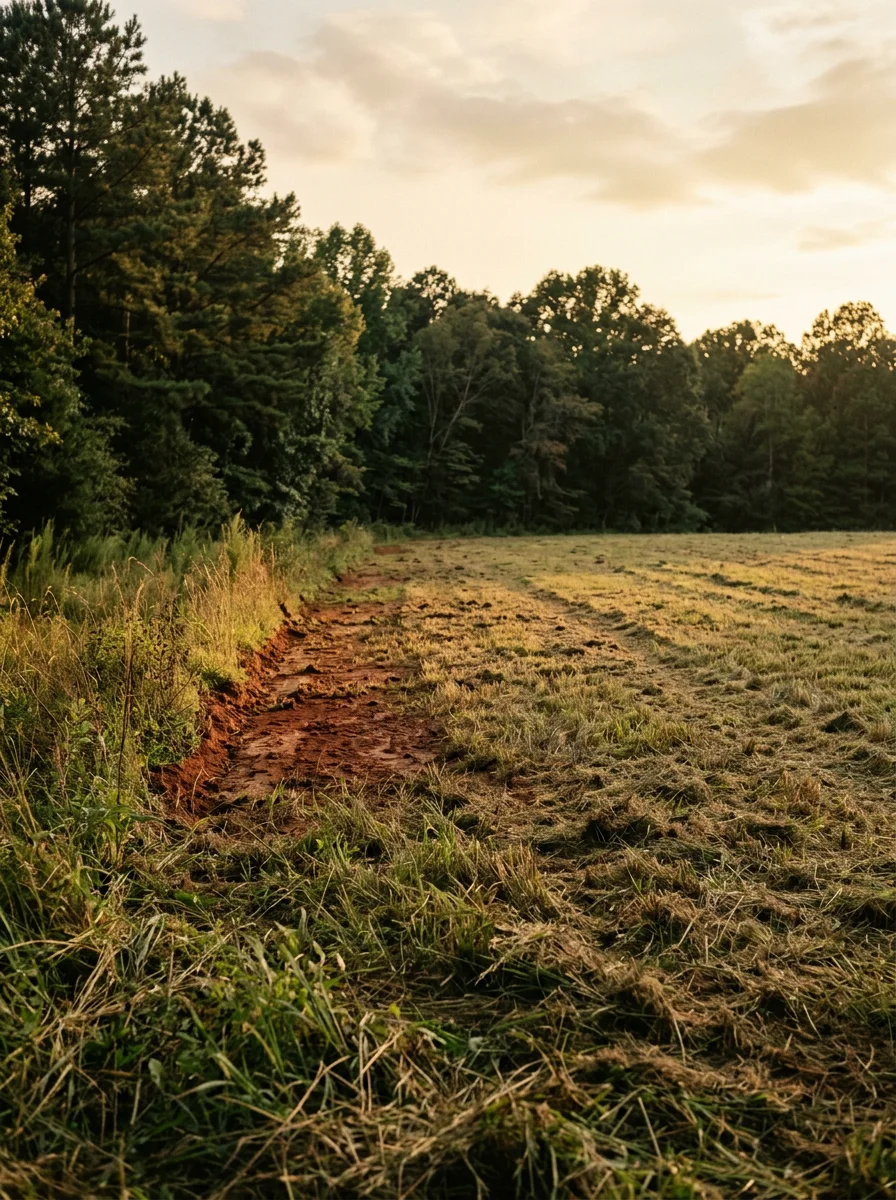 A freshly bush-hogged pasture edge on a rural Oconee County property near Watkinsville, GA, with a tree line and open field in the background.