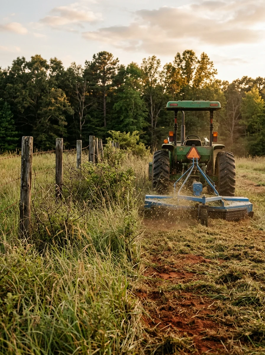 A bush hogging machine cutting tall grass and brush on a Winder, GA rural property with a tree line and fence posts visible along the field edge.
