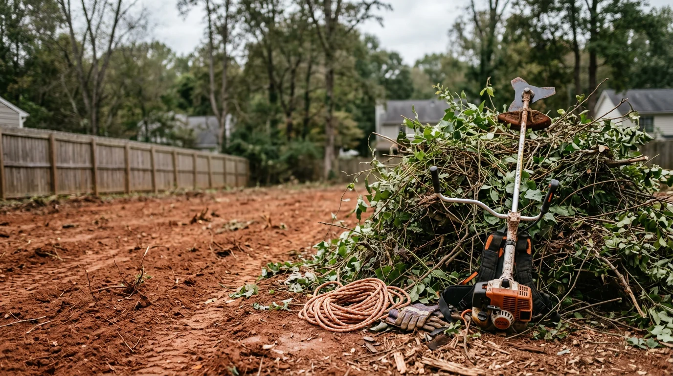 Overgrown brush and invasive vines cleared from a rural property near Athens, GA, showing open ground along a fence line with cut vegetation removed. A Northeast Georgia wooded lot edge after professional brush removal by Outlaw Land Solutions.