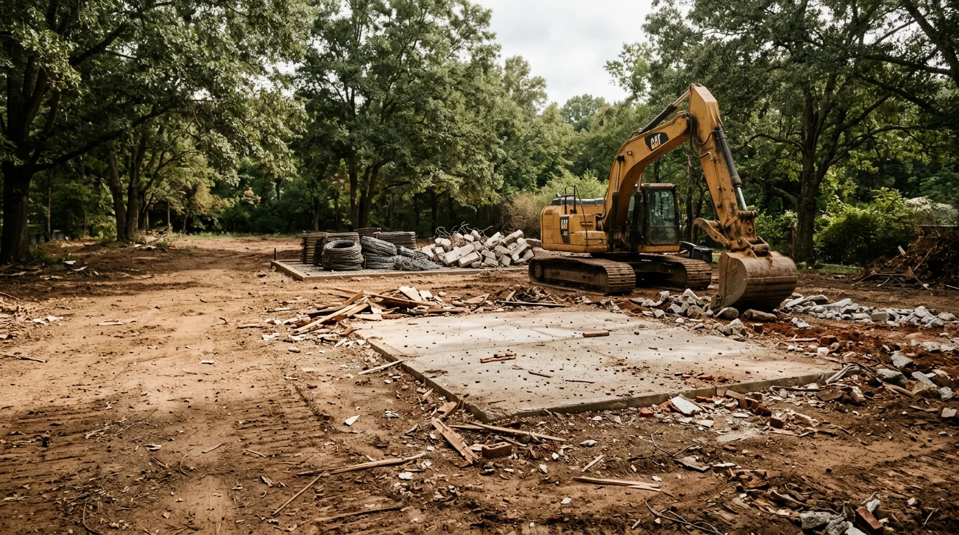 A cleared residential lot in Athens, GA after full building demolition, with the concrete foundation removed and the ground leveled for new construction. Heavy equipment is staged at the edge of the site in a Northeast Georgia setting.