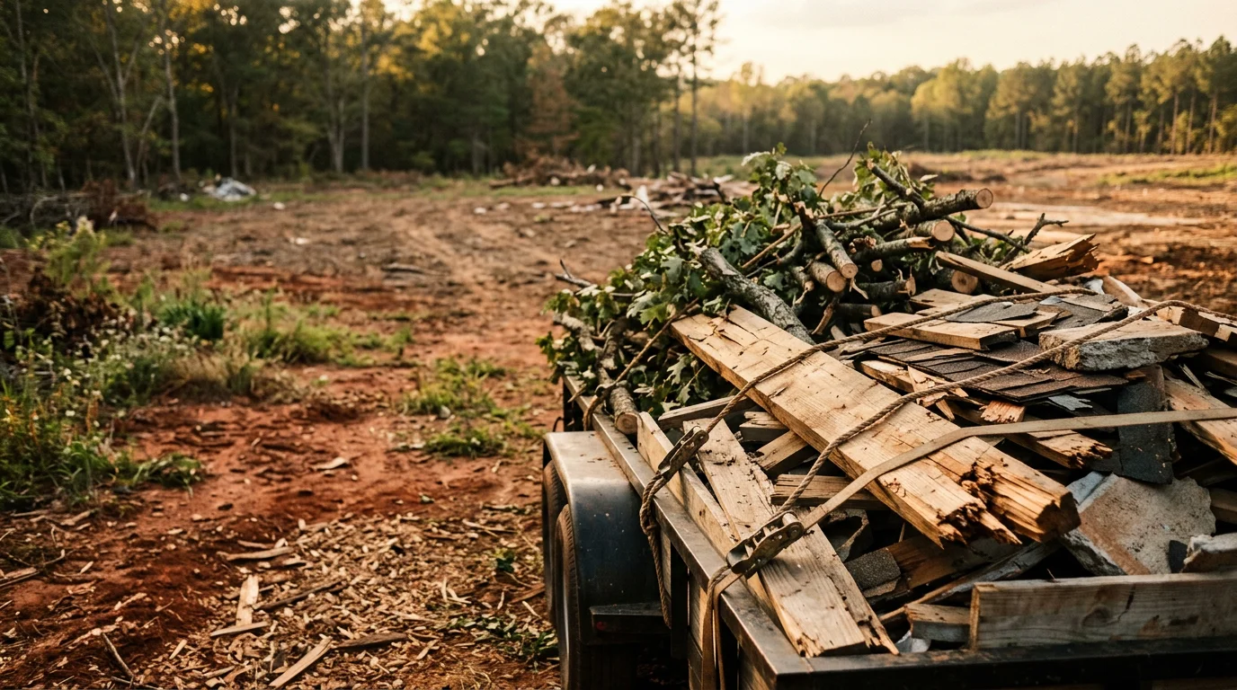 A cleared residential property in Athens, GA with debris and storm-downed branches loaded onto a haul truck by Outlaw Land Solutions. The site is clean and ready for the next phase of work.