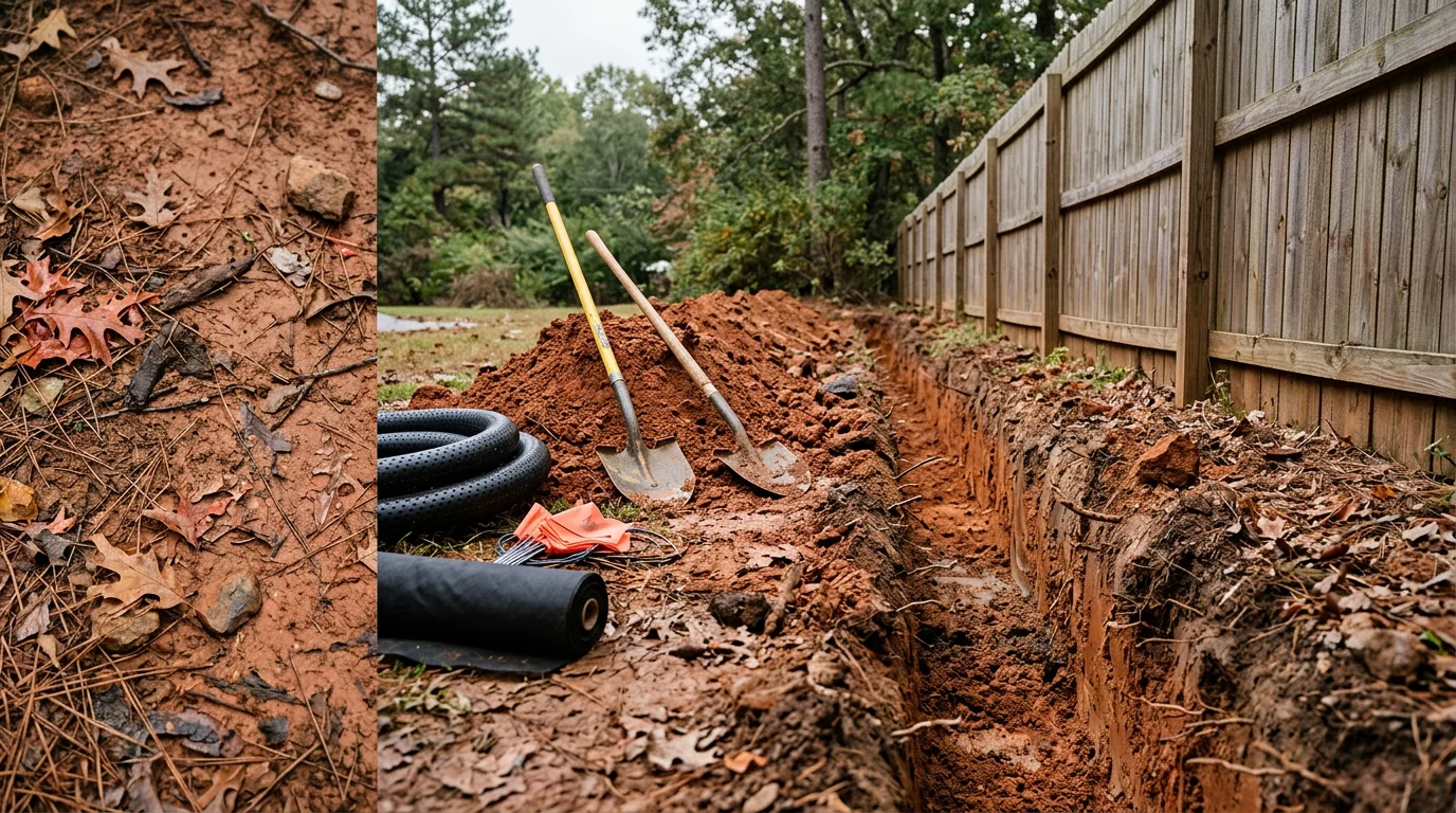 An excavator cutting into red clay soil on a residential property in Athens, GA, with cleared ground and a prepared site visible in the background. The scene shows active excavation work in progress on a wooded Northeast Georgia lot.