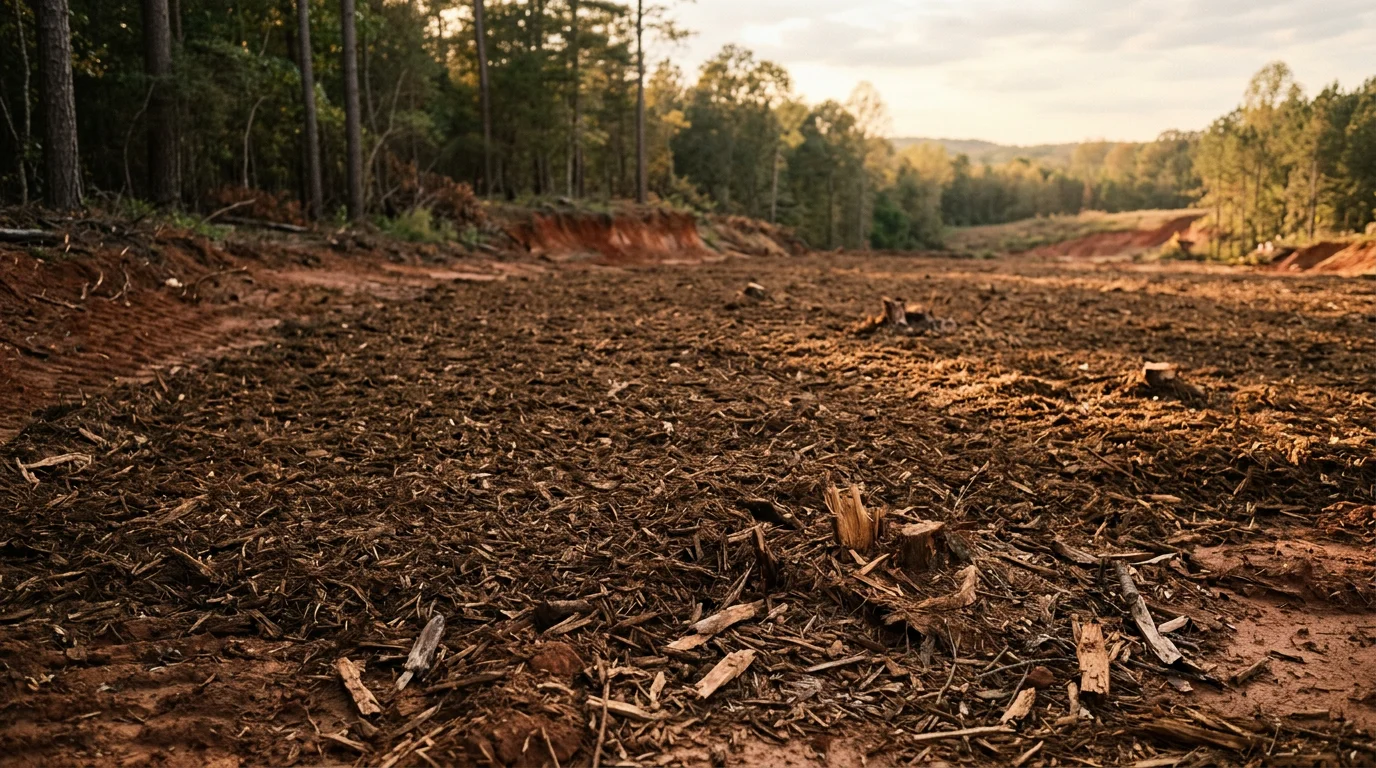 A forestry mulcher clearing dense brush and small trees on a rural property near Athens, GA, leaving a clean layer of ground mulch across the cleared land.