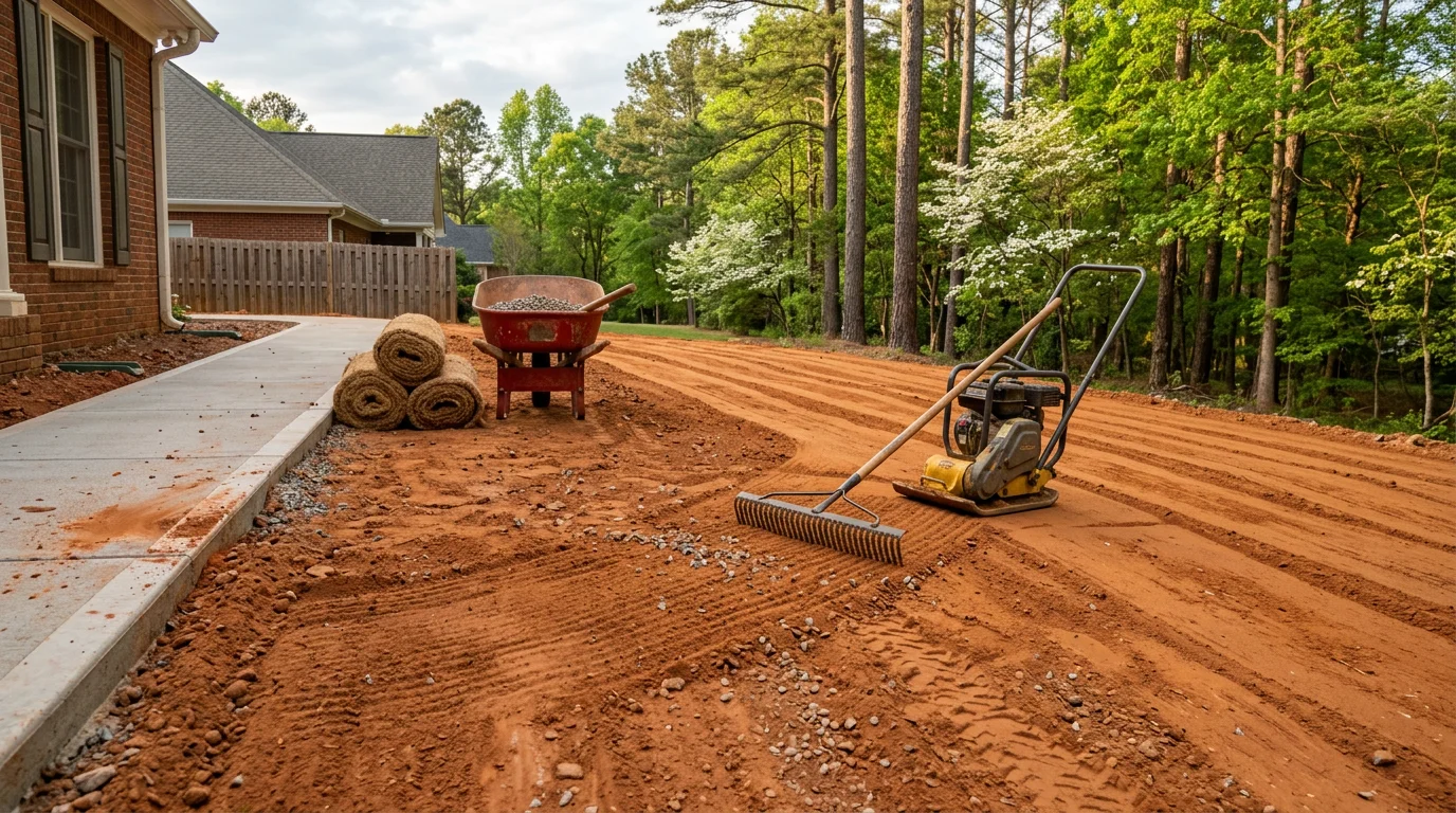 A graded residential lot in Athens, GA showing smooth, sloped terrain with red clay soil shaped to direct water away from the home. The finished surface is ready for sod installation with clean contours and no standing water.