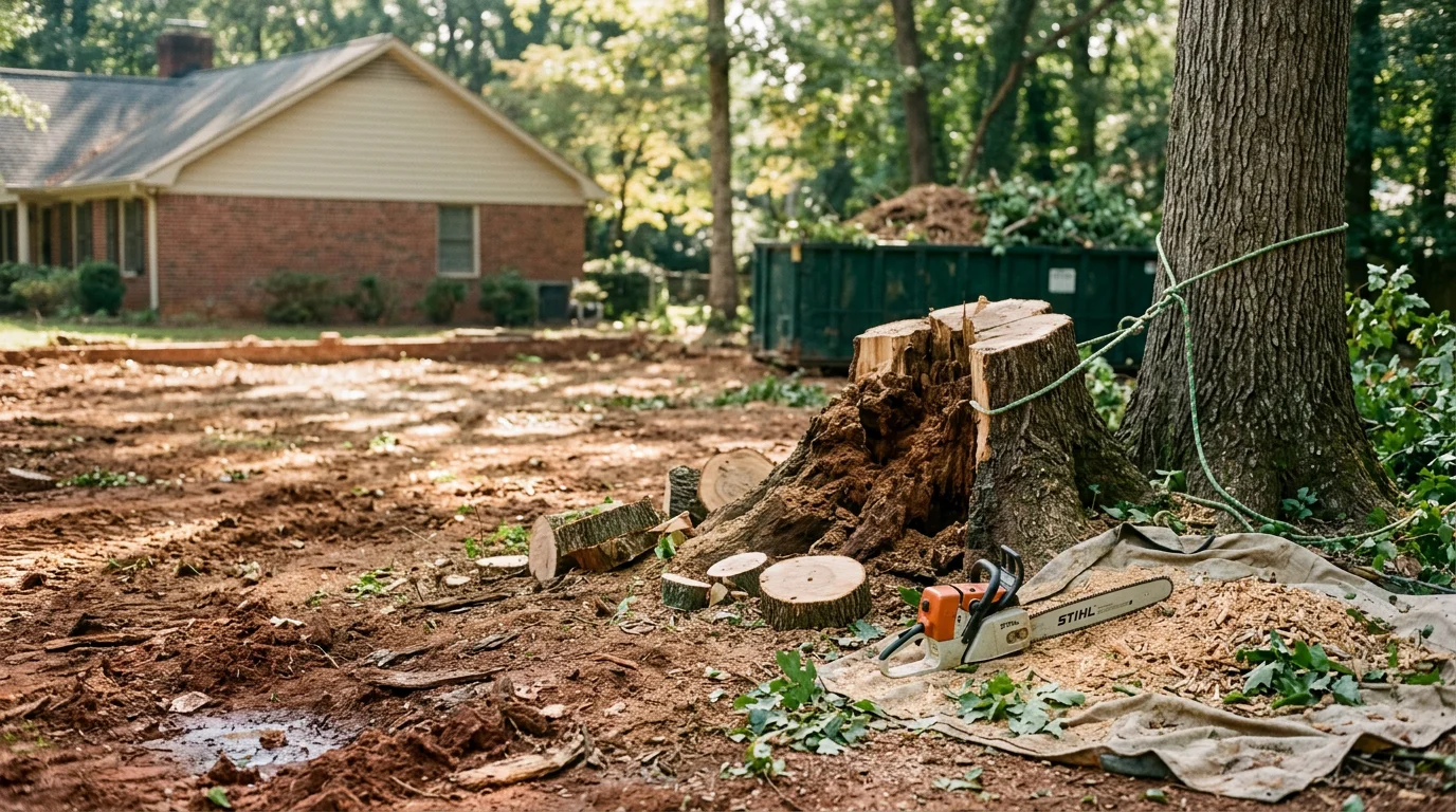A large dead oak tree with a split trunk being removed in sections by a tree crew on a residential property in Athens, GA. The surrounding fence and home are visible and undamaged in the background.