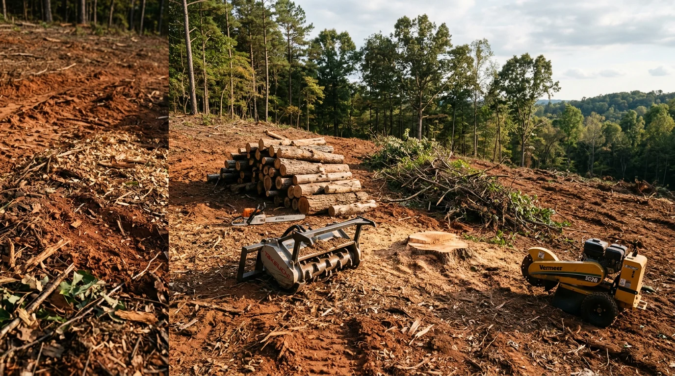 A freshly cleared wooded lot in Athens, GA with stumps ground down and brush removed, showing open ground ready for construction. Red clay soil and Georgia Piedmont terrain visible across the cleared site.
