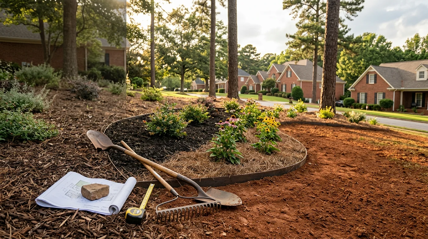 A freshly designed residential landscape in Athens, GA featuring defined planting beds, graded lawn areas, and layered shrubs along a home's front exterior. The yard shows organized plant placement suited to the red clay soil and sloped terrain common across the Athens area.
