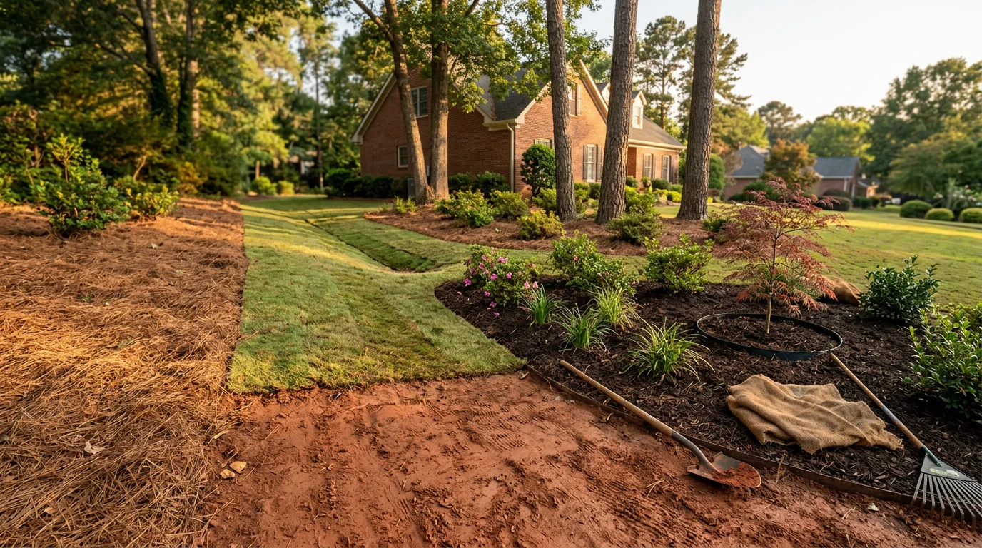 Freshly installed planting beds and sod on a residential property in Athens, GA, with shrubs and ground cover arranged along a sloped front yard. The landscape shows clean bed edges and healthy turf suited to Northeast Georgia's climate.