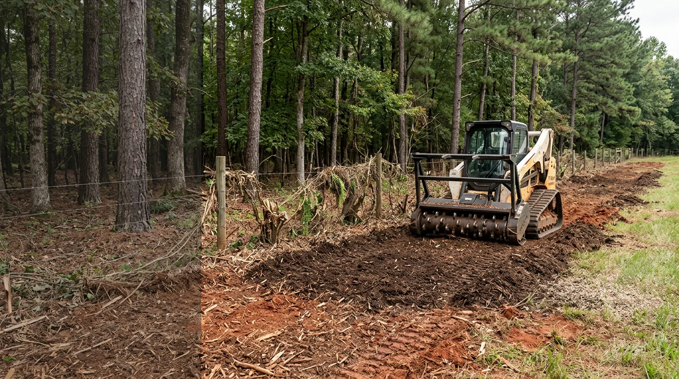 A forestry mulching machine clearing dense brush and saplings on a rural property near Athens, GA, with a layer of fresh wood mulch covering the ground where vegetation once stood.