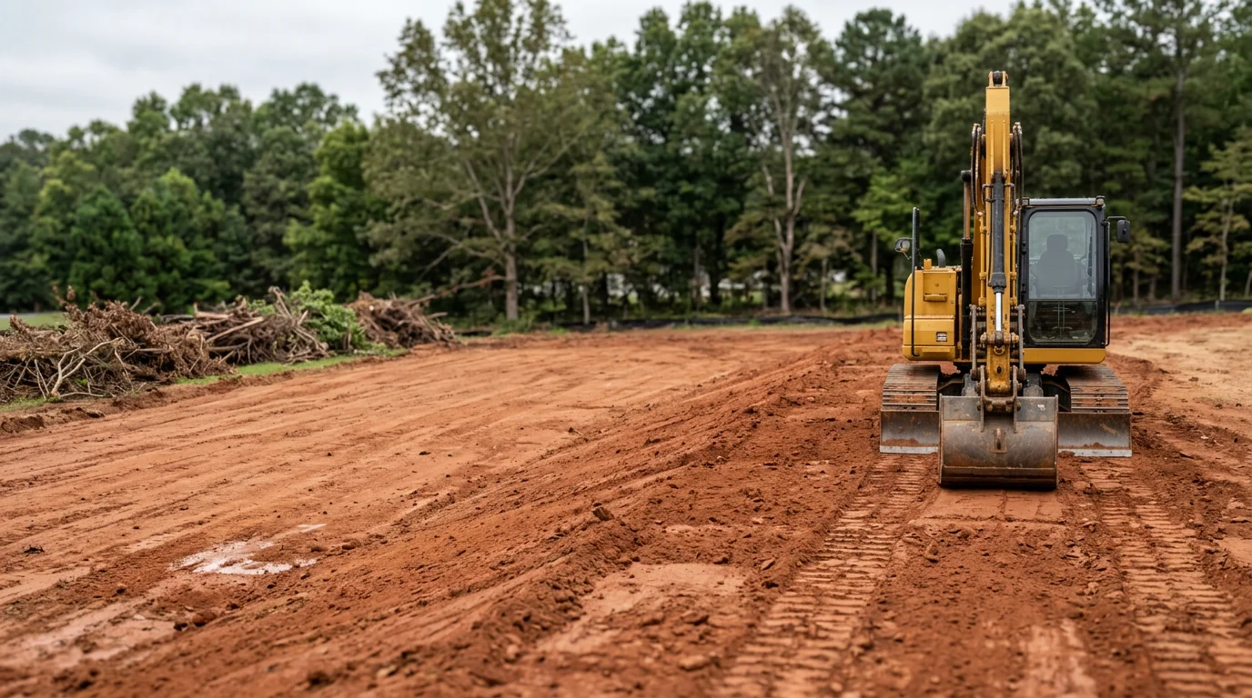 A freshly graded and cleared residential lot in Athens, Georgia, with red clay soil leveled and shaped for construction. Surrounding tree lines remain intact while the building pad sits flat and ready for a foundation.