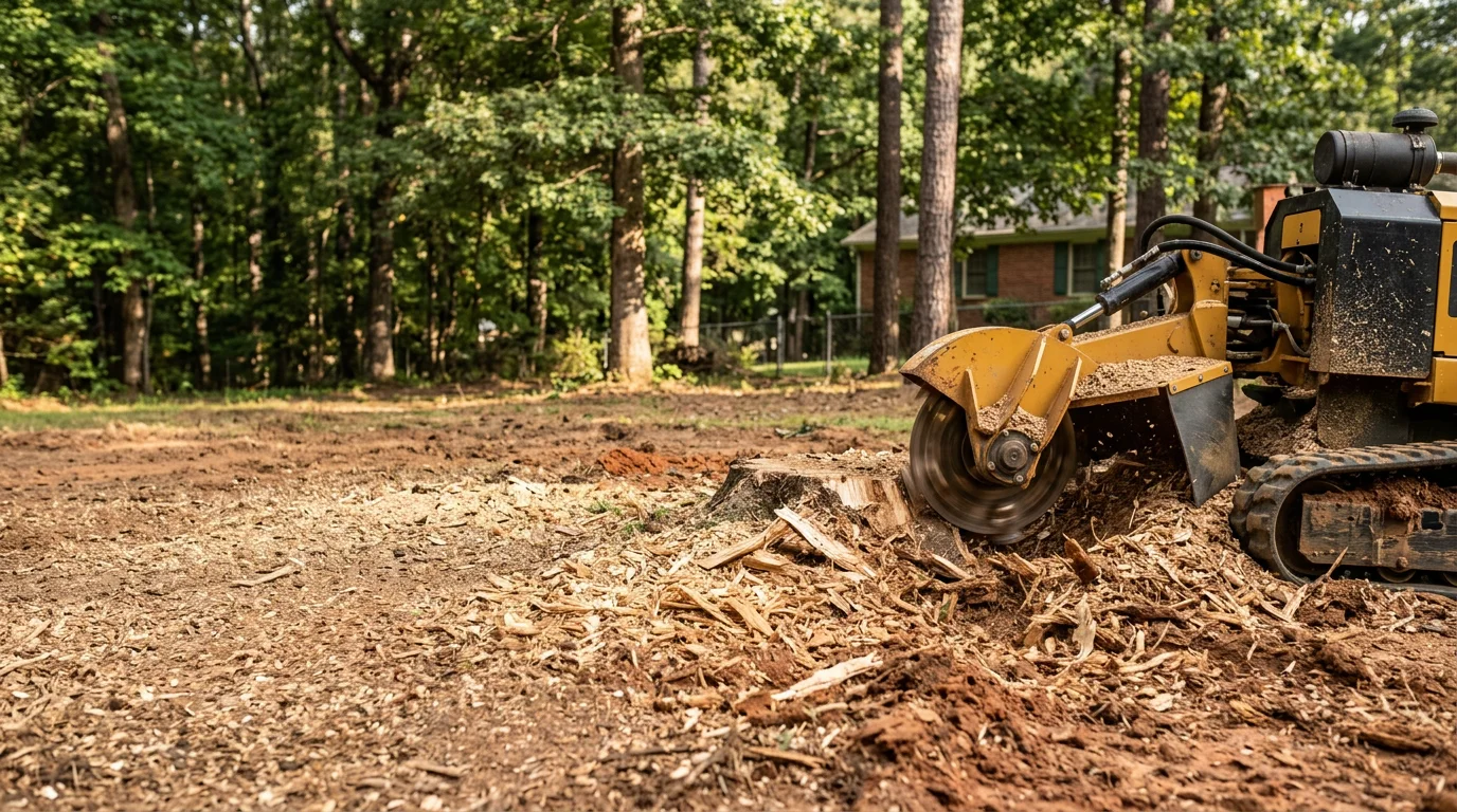 A freshly ground tree stump reduced to wood chips at grade level in a residential yard in Athens, GA. The surrounding lawn is intact and the area is ready for grass or a new planting bed.