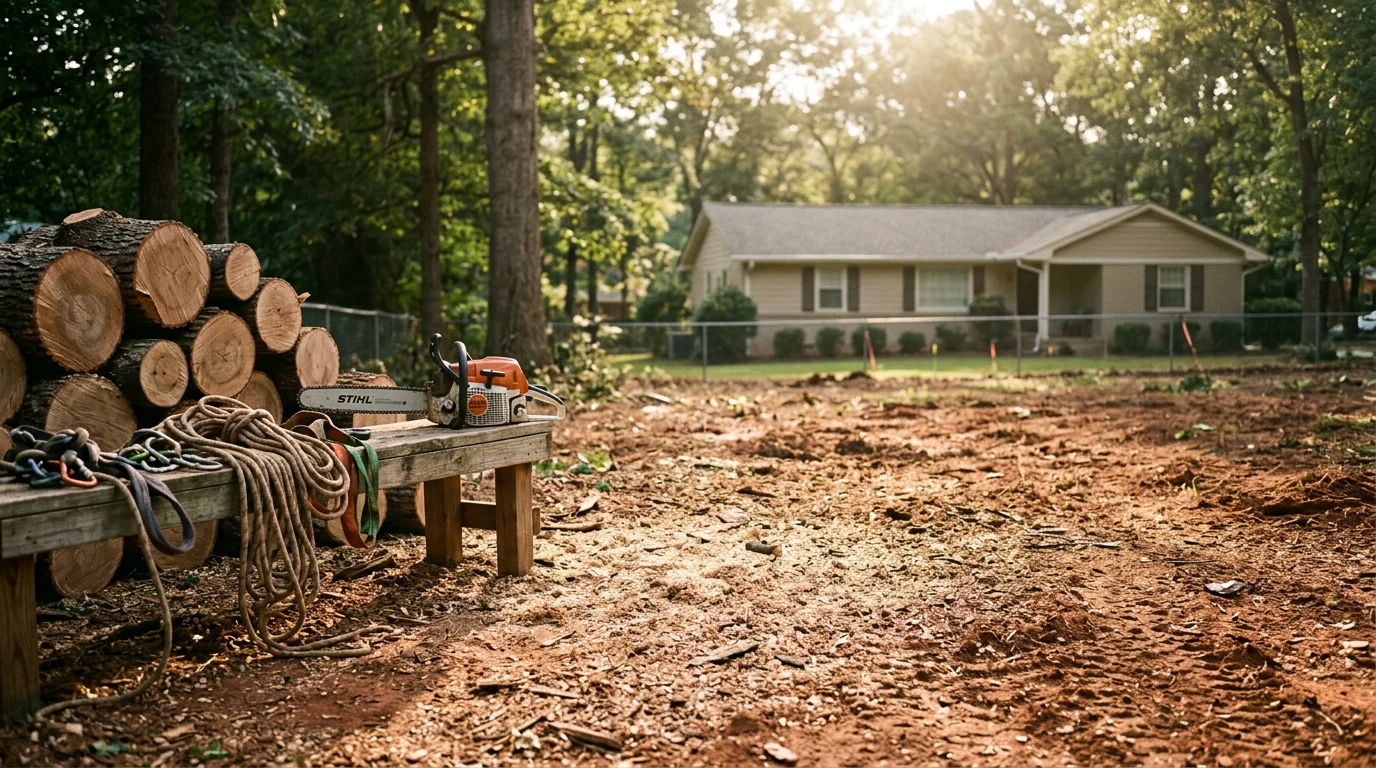 A large tree being sectioned and removed in a residential yard in Athens, Georgia, with cut logs stacked near the cleared area. A crew works around a two-story home with a cleared canopy overhead and debris piled for hauling.
